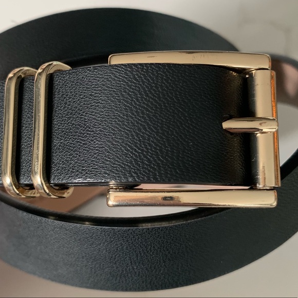 H&M Accessories H M Faux Leather Black Belt Gold Buckle Large